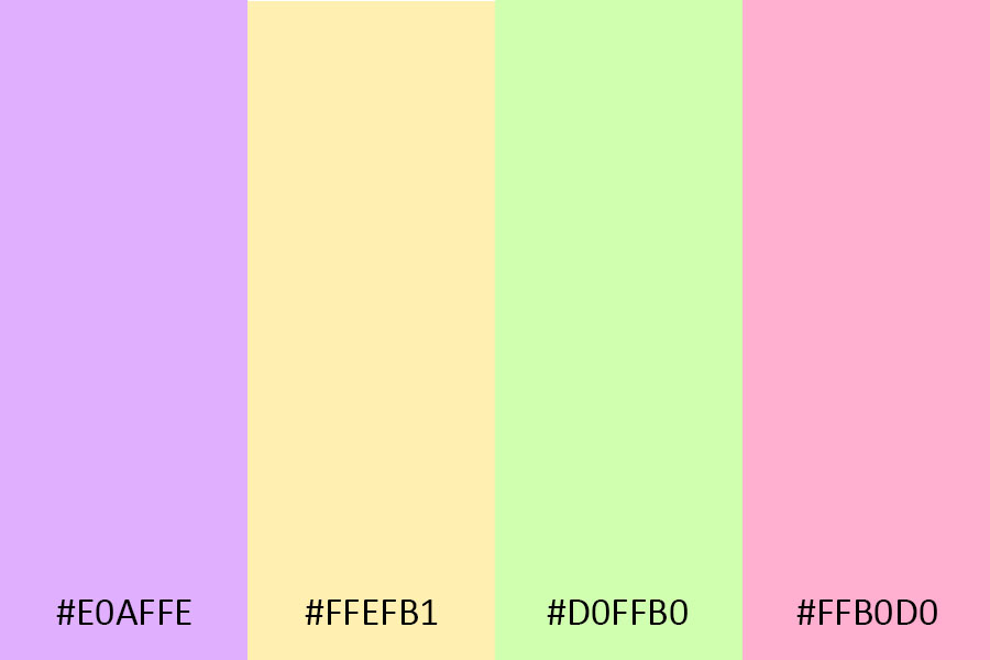 Tetradic-Color-Matching-Mauve-#E0AFFE,-#FFEFB1,-#D0FFB0,-and-#FFB0D0