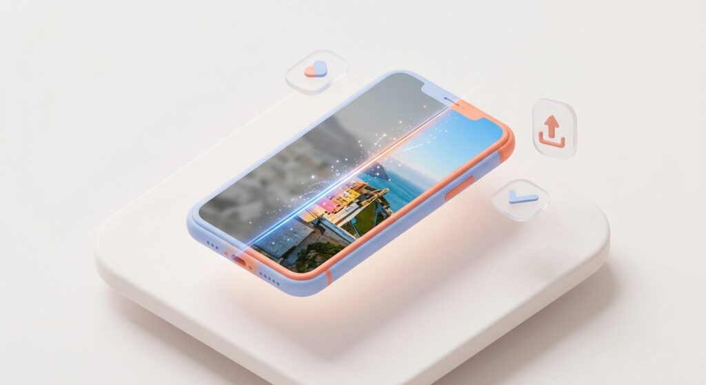 Dials representing brightness, resolution, and layers affecting photo quality