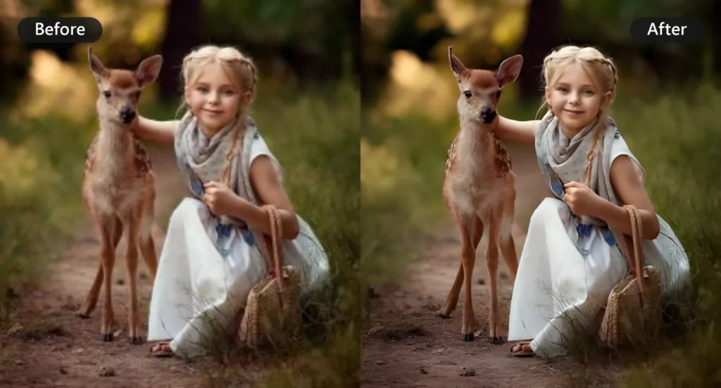 Before and after AI photo enhancement of a girl with a fawn in the forest