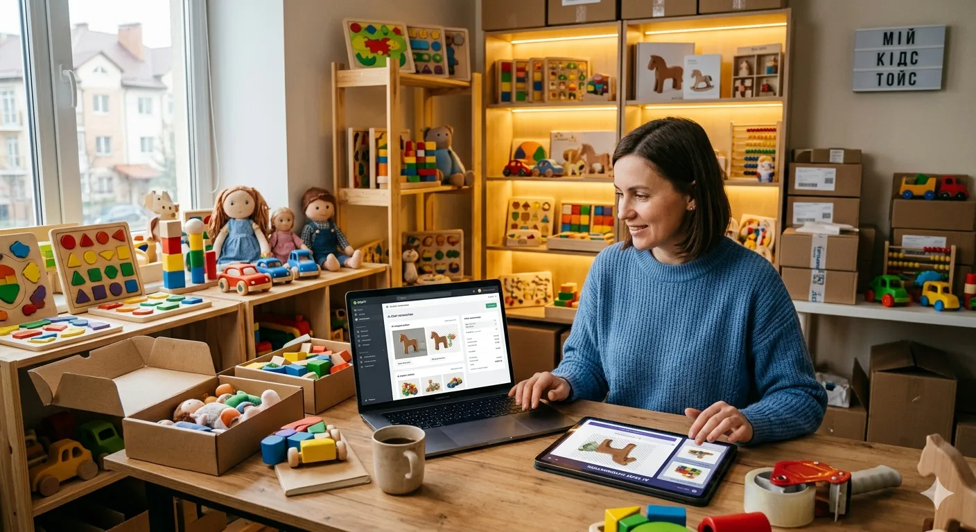 Toy shop owner managing product listings on a laptop with AI photo editing tools