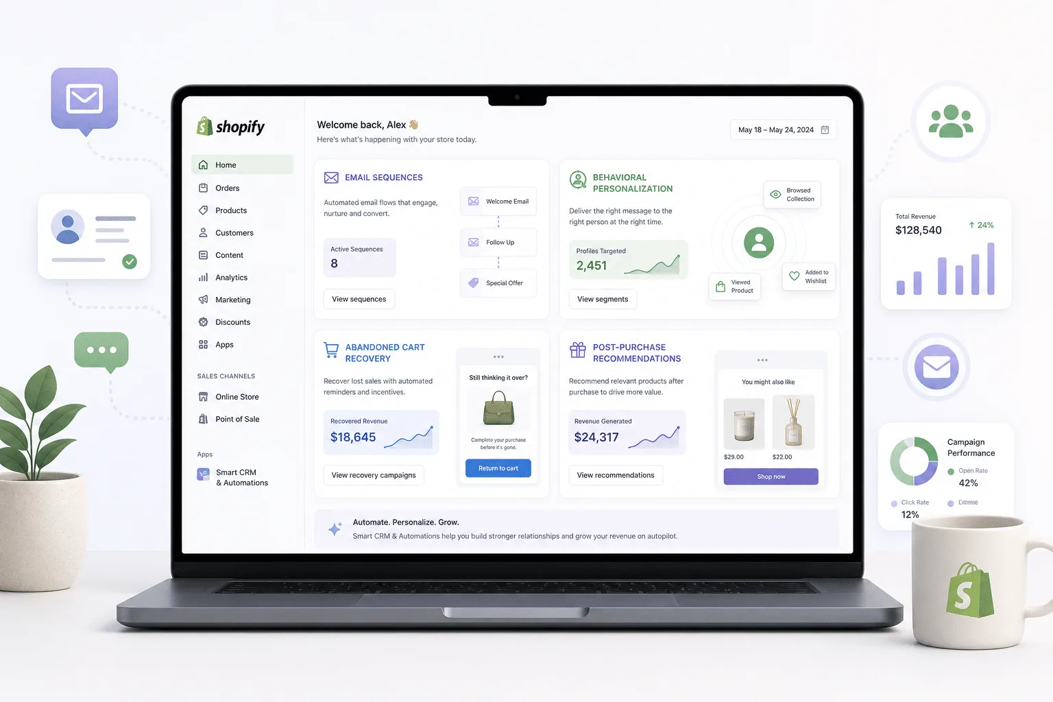 Shopify dashboard with AI-powered customer retention and email automation