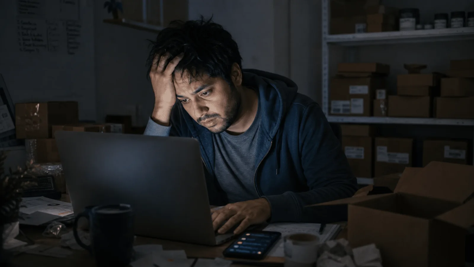 Overwhelmed online seller working late at night among shipping boxes